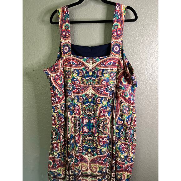 Lands End Linen Sundress 20W Multi Color Geometric Floral Pockets Short Beachy - Picture 2 of 9